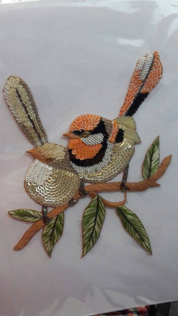Indian handmade pearl sequin Birds embroidery design applique denim shirt , jacket applique wedding Sequins Embroidery Pattern, Gold Work Embroidery, Pearl Embroidery, Applique Quilt Patterns, Hand Embroidery Videos, Embroidery Stitches Tutorial, Hand Embroidery Flowers, Applique Shirts, Applique Designs