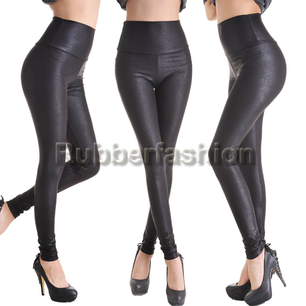 dünne Kunstleder Leder Leggings Leggins Legings Legins Hose blau Taillenhose