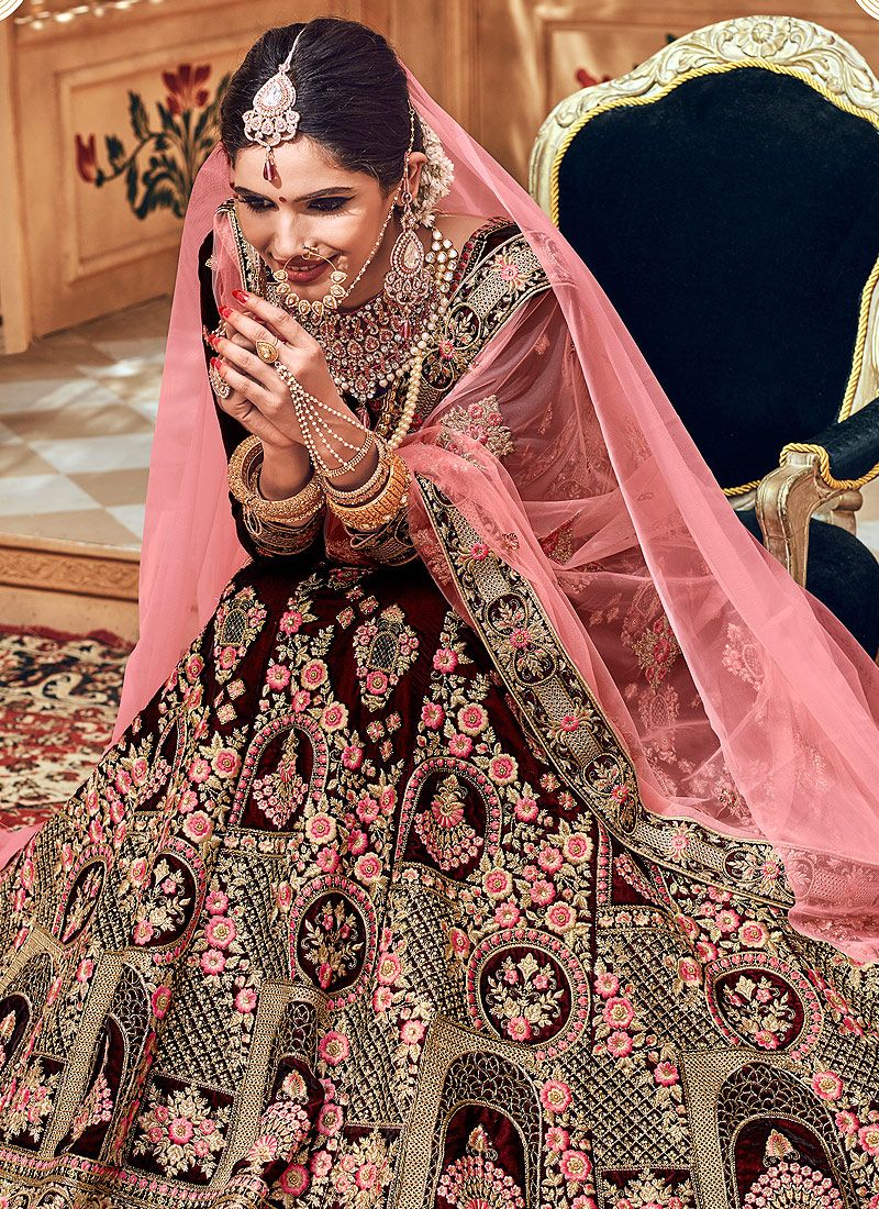 bridal lehenga maroon and golden