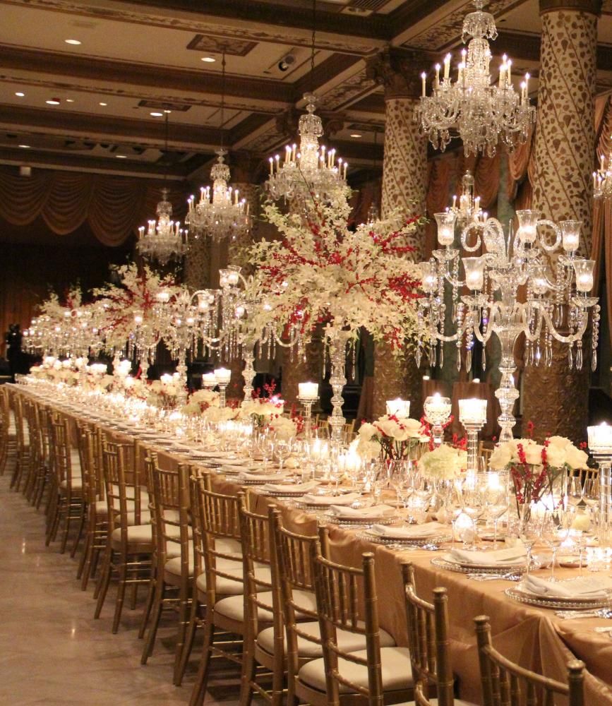 Long Wedding Table With Crystal Candelabras At Drake Hotel Chicago Long Wedding Table With Crystal Candelabras At Drake Hotel Chicago