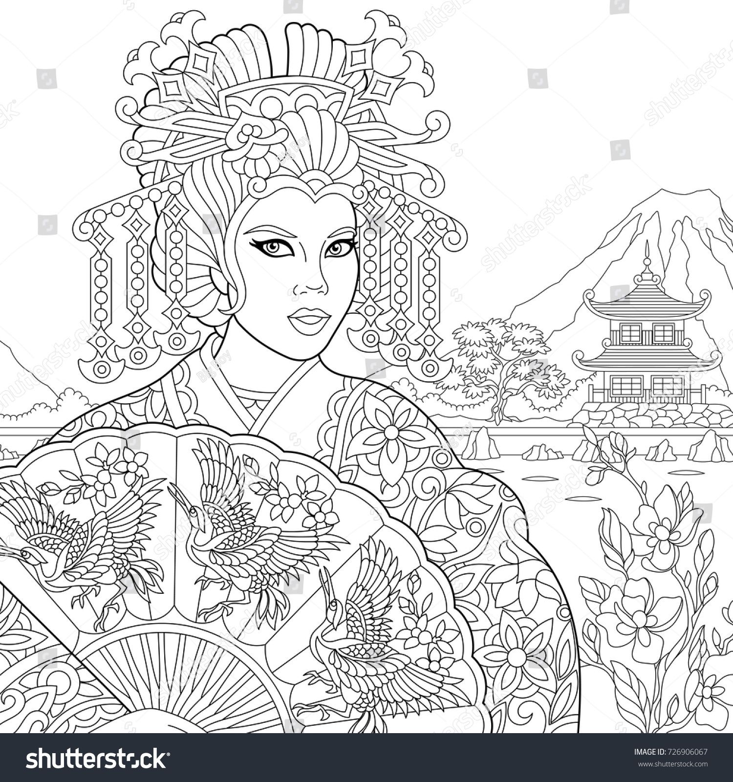 Coloring Page Of Geisha Japanese Dancing Actress Holding Paper Fan With Crane Birds Freehand Sketch Drawing For Adult Antistress Book In