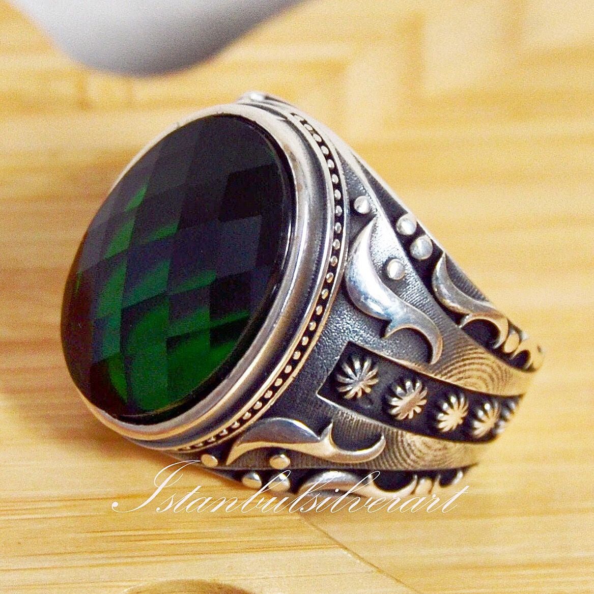 Ottoman Men Ring Turkish Handmade Silver Men Ring 925k Sterling Silver Ring Men/'s Jewelry Mens Handmade Ring Emerald Ring Gift for Him