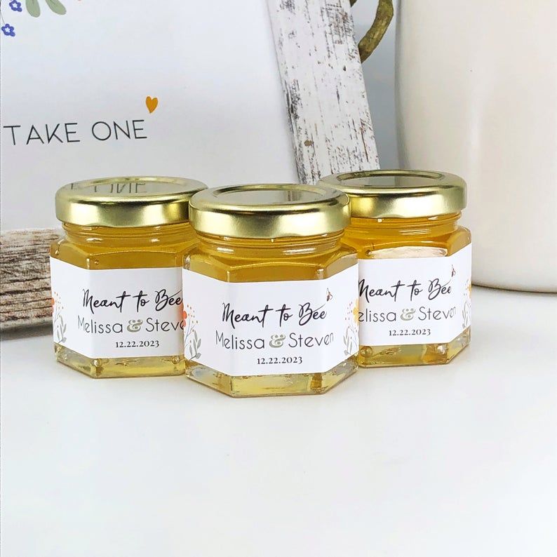 Meant to Bee Honey Wedding Favor Personalized Label with | Etsy Honey Jar Wedding Favors, Honey Jar Favors, Best Wedding Favors, Wedding Ideas, Wedding Shower Favors, Unique Bridal Shower Favors, Wedding Planning, Wedding Decorations, Bee Wedding