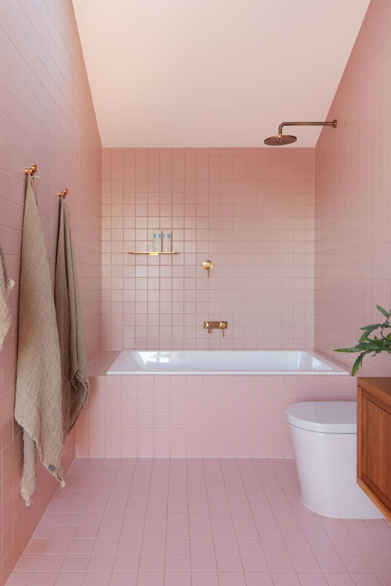 Bathroom Ideas - This modern pink bathroom adds a fun and soft pop of color to the interior. #PinkBathroom #BathroomIdeas #ModernBathroom #BathroomDesign Pink Bathroom Tiles, Gold Bathroom Decor, Pink Tiles, Rustic Bathrooms, Upstairs Bathrooms, Bathroom Interior Design, Modern Bathroom, Bathrooms Remodel, House Interior