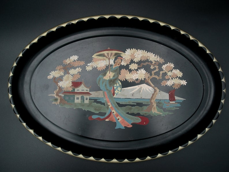 Vintage Paint By Number Tray With Asian Scene Decorative Toleware Tray Vintage 1950s Etsy In 2021 Vintage Painting Vintage Art Asian Scene