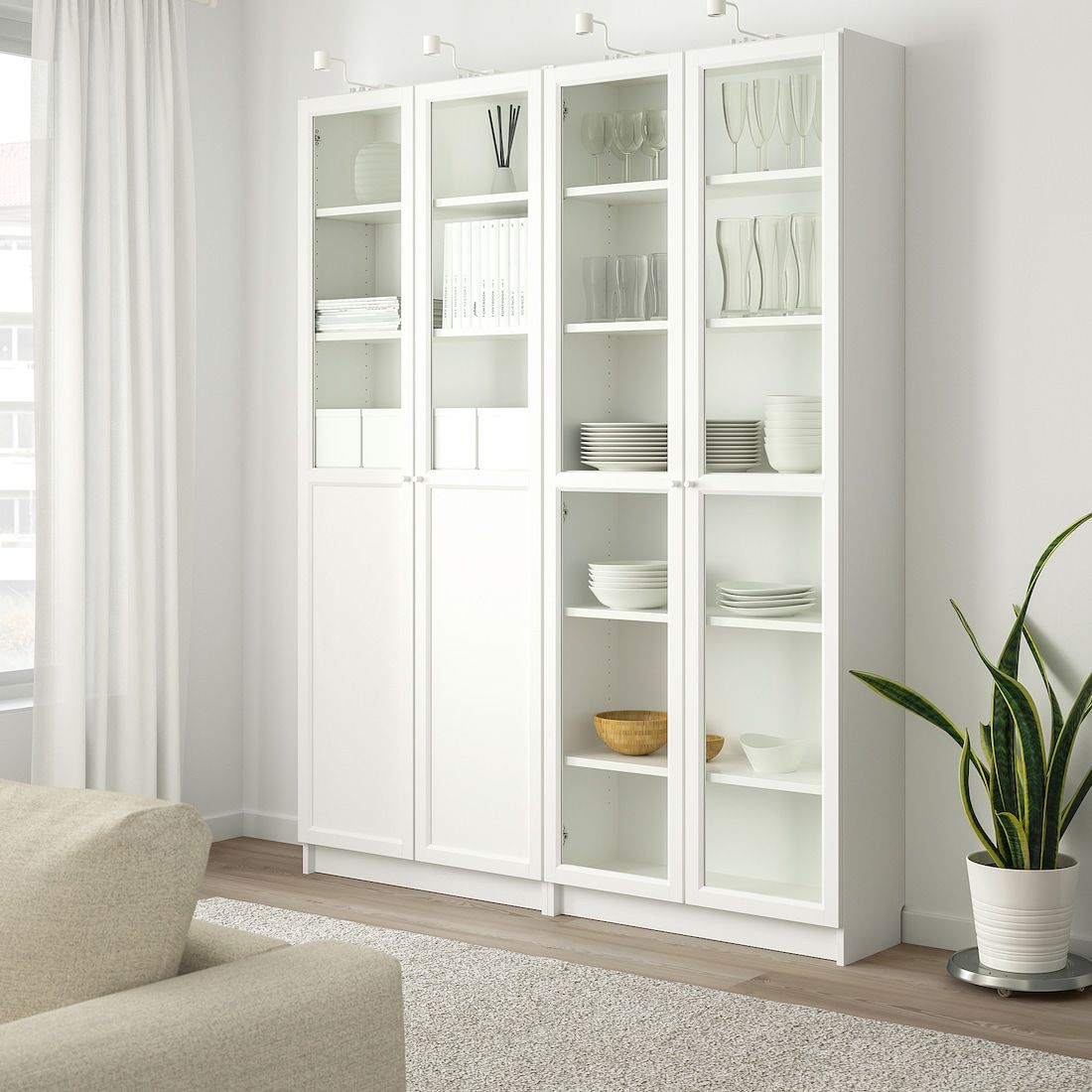BILLY / OXBERG Bookcase with panel/glass doors, white/glass, 63x113/4x791/2