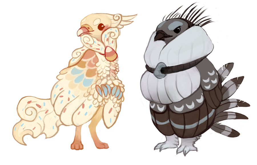 Candy Crested Pigeon and Taiga Grouse by fancypigeon on DeviantArt Creature Concept Art, Creature Design, Creature Art, Creature Drawings, Animal Drawings, Cute Drawings, Fantasy Kunst, Fantasy Art, Cute Creatures