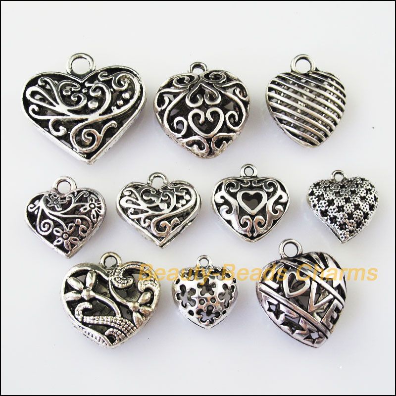 10 x Tibetan Silver Tone Love Heart Charms Pendants Beads Jewellery Making