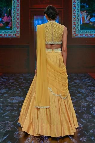 Shop for Ridhi Mehra Yellow Chanderi Printed Lehenga Set for Women Online at Aza Fashions Embroidered Crop Tops, Embroidered Belt, Lehenga Dupatta, Chaniya Choli, Pink Paisley, Paisley Print, Ridhi Mehra, Folk Print, Yellow Lehenga