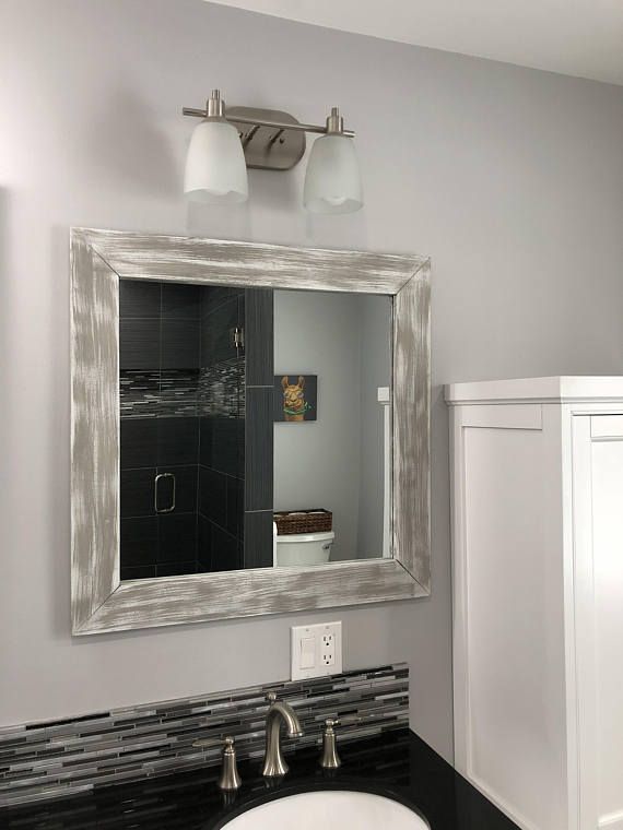 White Whitewash Mirror Wood Framed Rustic Design Wall Bedroom Lighted Mirror Wood Framed Rustic, Rustic White Mirror For Bathroom