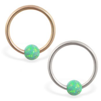 14K real gold captive bead ring with green opal ball. #helix #piercing #jewelry #earrings #bodyjewelry ♥ $50.99 via OnlinePiercingShop.com Helix Piercing Jewelry, Daith Piercing, Green Opal, Green Stone, 14k Solid Gold, 14k Gold, Opal Color, Jewelery, Jewelry Earrings