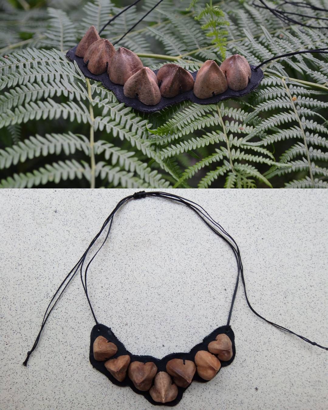 Necklace from natural tropical nut shells hand-sewn onto black fabric #naturalnecklace #naturedesign #jewelsofnature #naturaljewellery… Nature Necklace, Rock Jewelry, Nature Inspired, Black Fabric, Hand Sewn, Crochet Necklace, Shells, Tropical, Jewels