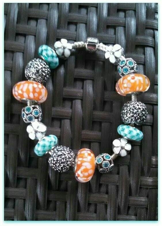 PANDORA Bracelet with Beautiful Teal Murano, Large Orange Murano ... PANDORA Bracelet with Beautiful Teal Murano, Large Orange Murano ...