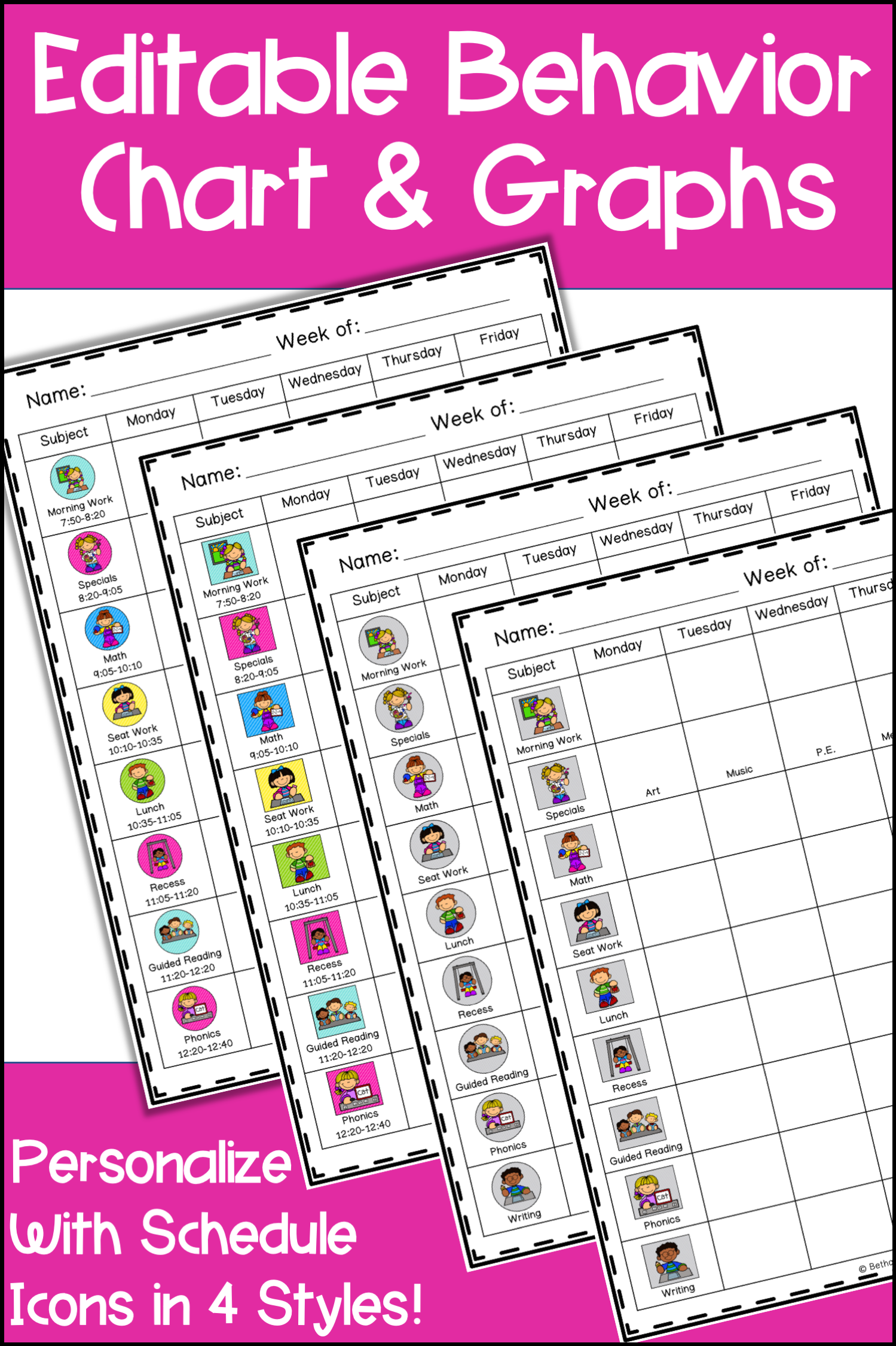 This weekly behavior chart includes monthly graphs for data collection for Special Education and RTI – Response To Intervention. Teachers can use the editable template to motivate students and help them learn to monitor their own behavior. This behavior chart provides a school and home connection and is a form of daily communication for parents. Use your own clip art or the Schedule Icons to personalize for your own schedule. Use in the preschool, elementary, or upper elementary classroom. Student Behavior Chart, Weekly Behavior Charts, Behaviour Chart, Kids Behavior, School Classroom, Classroom Activities, Classroom Ideas, Classroom Helpers, Upper Elementary Resources