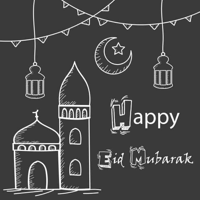Happy Eid Mubarak Greeting Hand Drawing Style With Mosque Lanterns And Crescent Moon Happy Png And Vector With Transparent Background For Free Download Eid Mubarak Greetings Eid Mubarak Wishes Images Happy