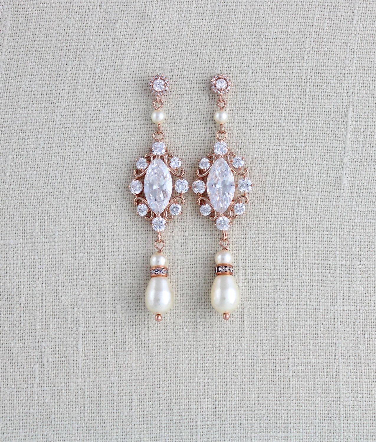 Rose Gold Bridal earrings, Pearl Wedding earrings, Wedding
