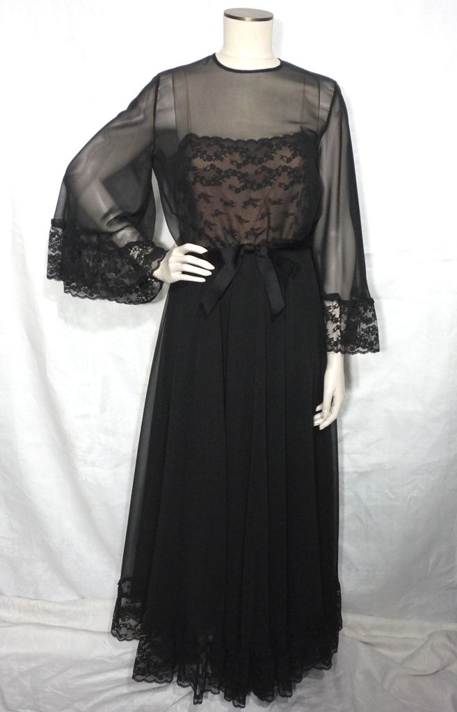 1970s Dress Vintage Black Floral Chiffon Dress