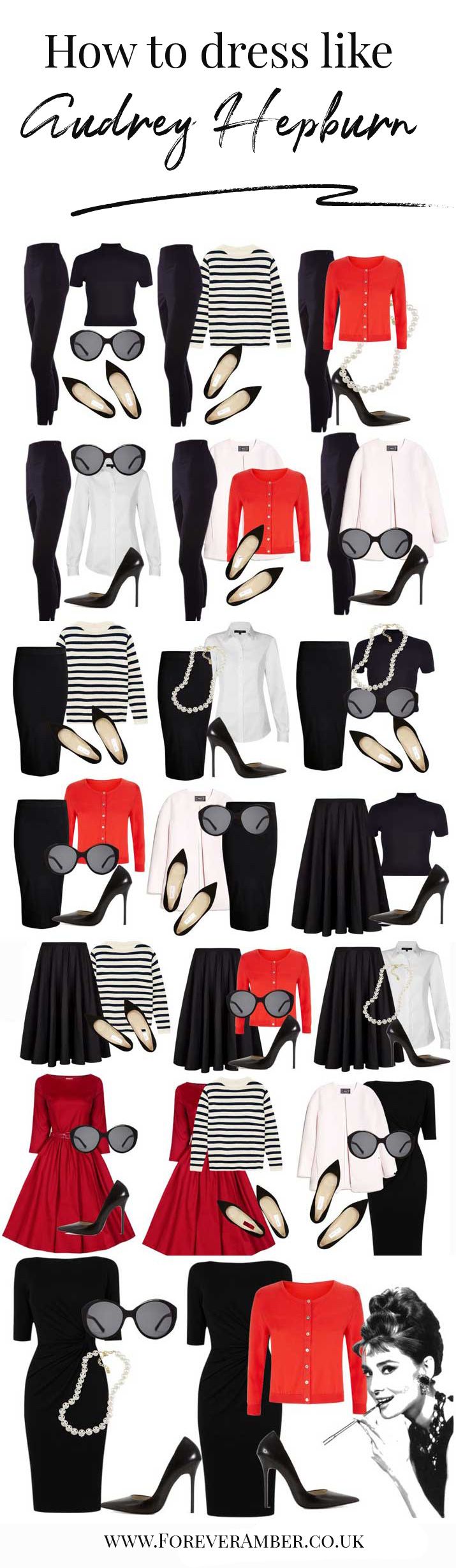 how to dress like Audrey Hepburn: create an Audrey Hepburn-inspired mix and match capsule wardrobe Audrey Hepburn Outfit, Audrey Hepburn Inspired, Vintage Outfits 50s Audrey Hepburn, Audrey Hepburn Fashion, Mode Outfits, Casual Outfits, Fashion Outfits, Womens Fashion, Fashion Tips