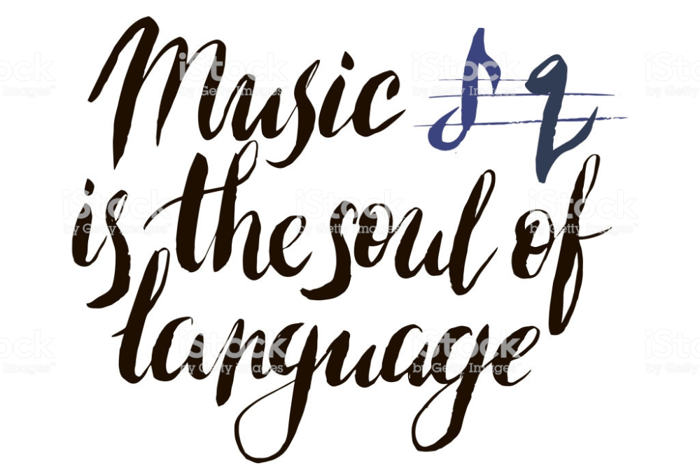 Music is the soul of language in vector. Calligraphy postcard or
