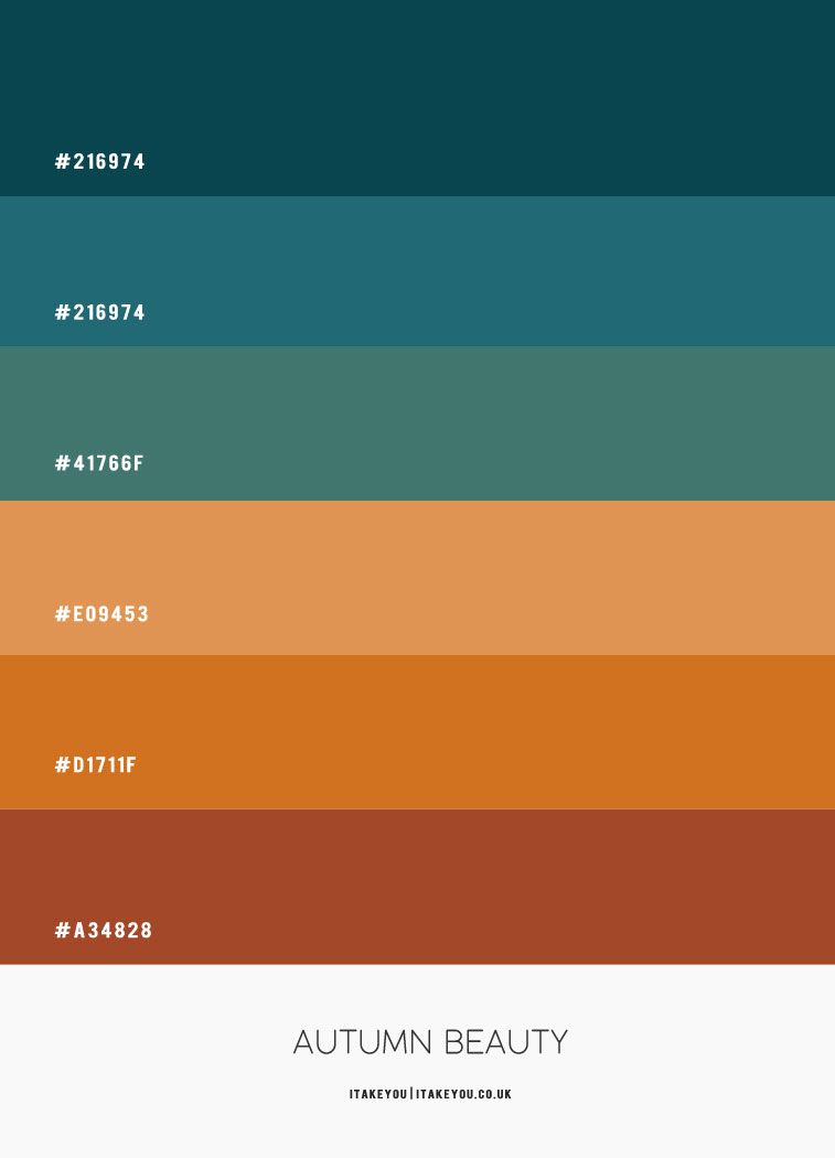 hex color, color hex, teal and brown, teal and mustard, autumn colour palette, autumn colour ideas, autumn colour scheme #autumn #autumncolour #autumncolourcombo #colorcombo Pantone Colour Palettes, Color Schemes Colour Palettes, Pantone Color, Color Combos, Orange Color Palettes, Green Color Schemes, Hex Color Palette, Color Palate, Colour Palette Autumn