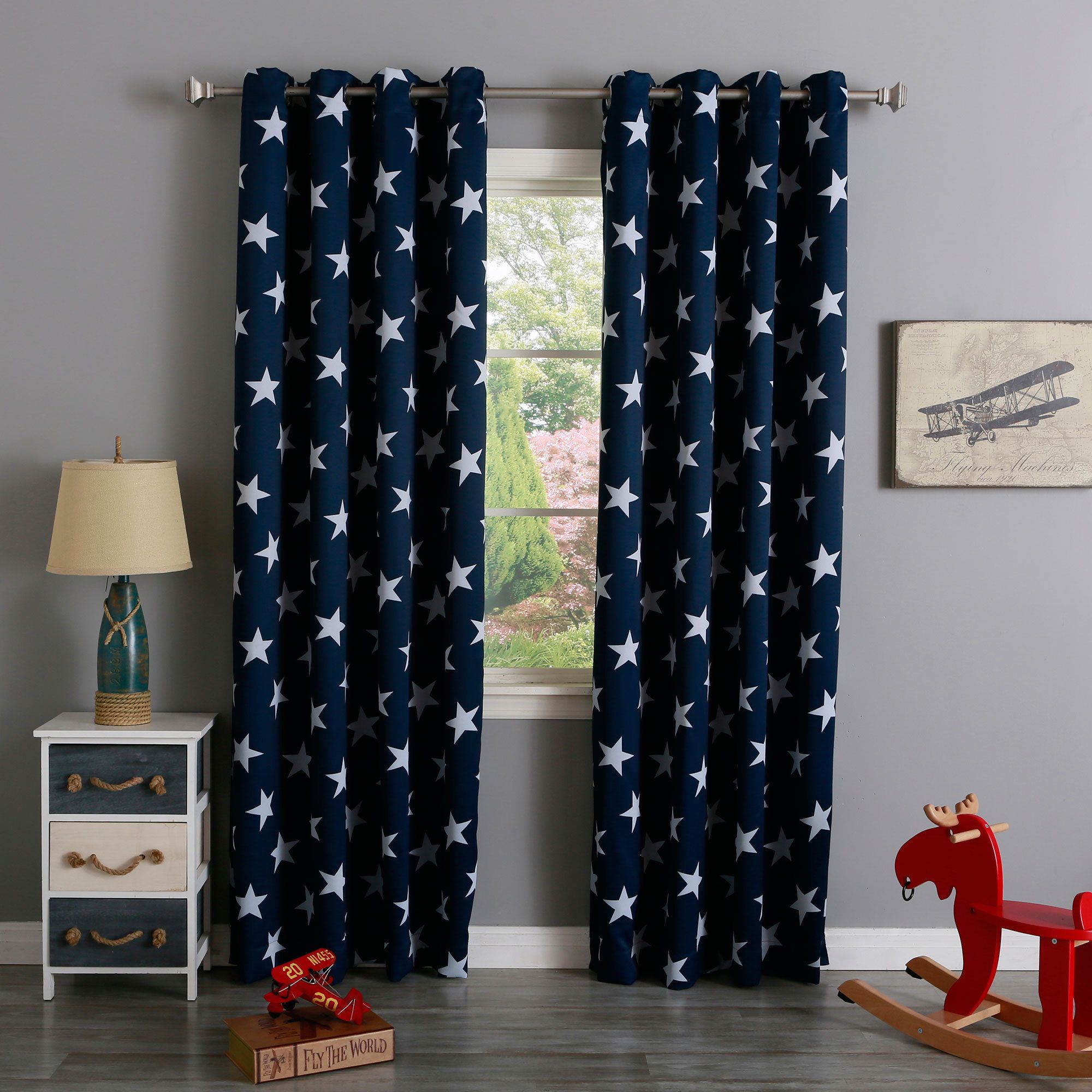 Aurora Home Room Darkening Big Star Print Silver Grommet Top Curtain
