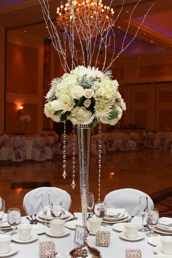 Winter Wedding Centerpiece On Tall Silver Vase With Birch Blog For A Garden Party Florist Fl Design Winter Wedding Centerpieceswedding