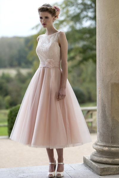 Top 40 Most Loved Tea Length Wedding Dresses Fifties Style Tea Length Wedding Dress With Delicate Lace Bodice And Sheer Neckline Tulle Fifties Style Skirt Https Www Etsy Erflyeffectinc