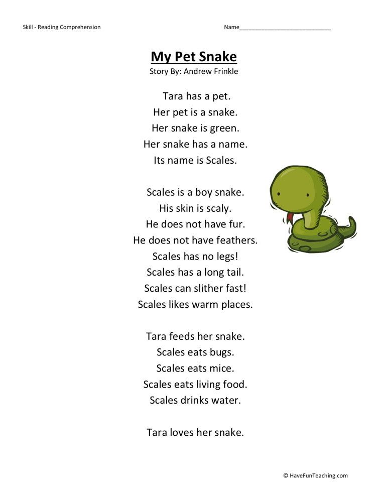 Reading Comprehension Worksheet My Pet Snake Reading Comprehension Reading Comprehension Worksheet My Pet Snake Reading Comprehension