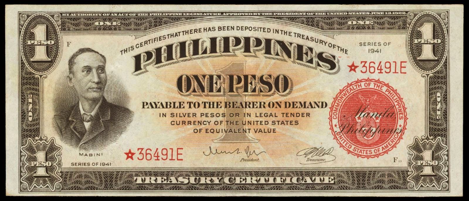Currency Of The Philippines American Issues 1898 1946 One Peso Currency Of The Philippines American Issues 1898 1946 One Peso Treasury Certificate 1941 Portrait Apolinario Mabini Seal Philippine