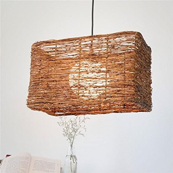Arturest Handmade Rattan Pedant Lamp Country Rustic Brown Ceiling Light Woven Wicker Shades For Dining Room Restaurant Kitchen Shade Lights Wicker Lamp Shade Ceiling Lights, Dark Brown Wicker Lamp Shades