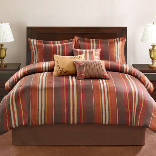 King Brown Orange Red Gold Earthtone Stripe 7pc Comforter