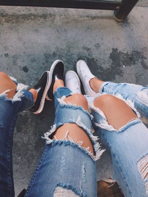 ripped jeans and slip,ons