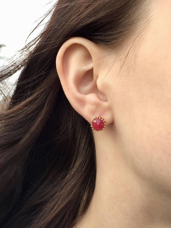 Genuine Ruby 8mm Faceted Round Stud Earrings In 14k Gold Vermeil Genuine Ruby 8mm Faceted Round Stud Earrings With 14k Gold Vermeil Bezel And Post