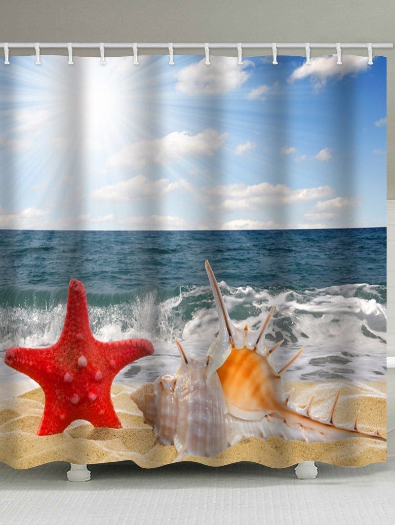 Sea Waves Beach Starfish Shell Printed Bath Decor Shower
