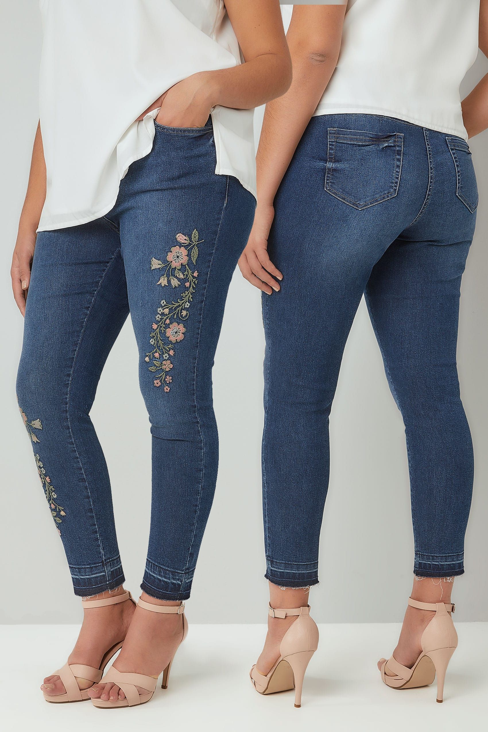 Blue Embroidered Washed Denim 5 Pocket Skinny Jeans With Raw Edge Cuffs Plus Sizes 1xl 16 2xl 18 3xl 20 4xl 22 24 Denim Fashion Clothes Skinny Jeans
