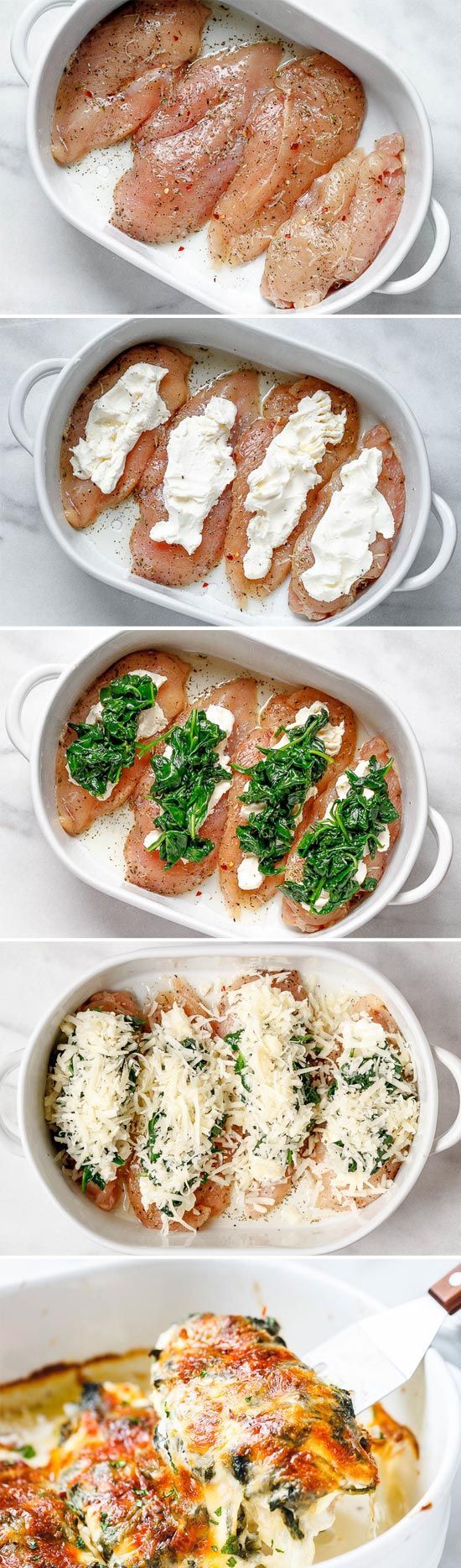 Spinach Chicken Casserole with Cream Cheese and Mozzarella