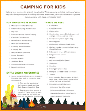 Camping for Kids Checklist | Worksheet | Education.com