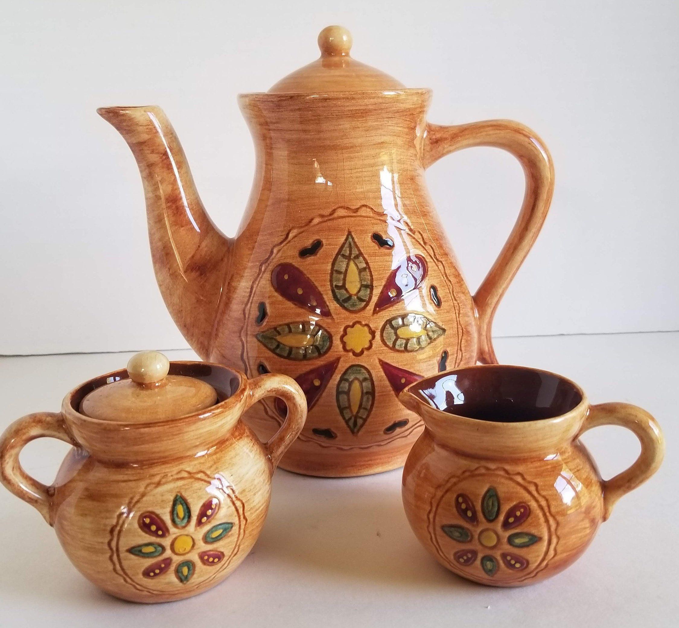 Vintage Pennsbury Coffee Server Dutch Amish Creamer Sugar Set Brown Teapot Pot Folk Art #coffeeserver SOLD! Vintage Pennsbury Coffee Server Hex Creamer Sugar Set Brown Teapot Pot Folk Art by VannaBsVintage on Etsy #coffeeserver