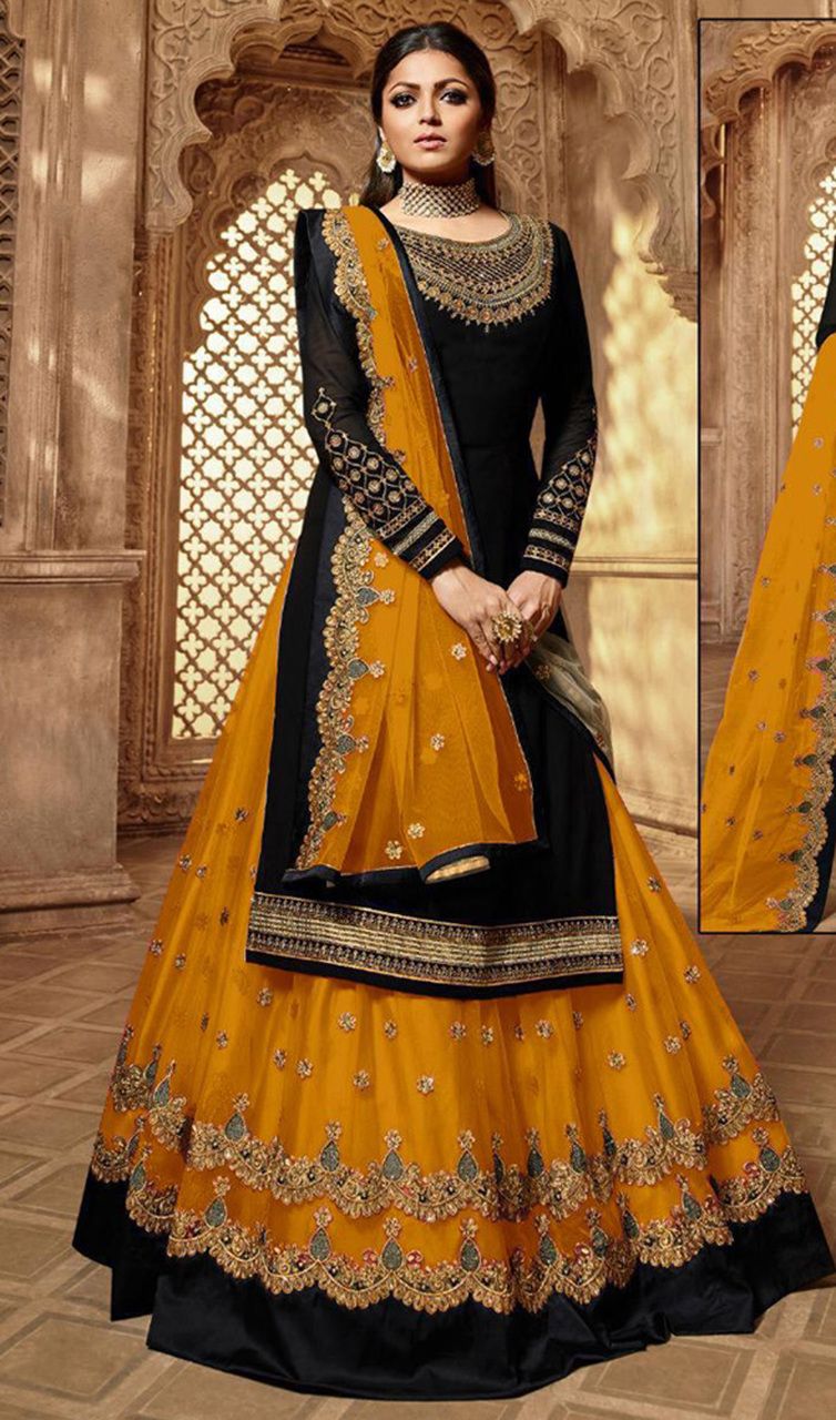 #bollywoodclothesonlineshopping #bollywoodoutfits Drashti Dhami Georgette Embroidered Lehenga Suit in Balck and Turmeric Yellow Color Shop at: https://www.kaneesha.com/drashti-dhami-georgette-embroidered-lehenga-suit-in-balck-and-turmeric-yellow-color/USD $ 87.00 Indian Dresses Online, Indian Gowns Dresses, Indian Fashion Dresses, Dresses Uk, Indian Outfits, Evening Dresses, Dresses With Sleeves, Indian Clothes, Nikkah Outfit
