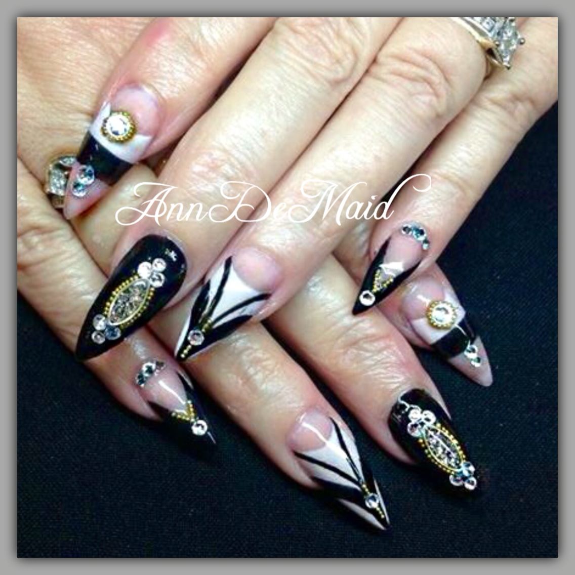 Black And Beige Acrylic Nails With Gel Polish Designs Swarovski