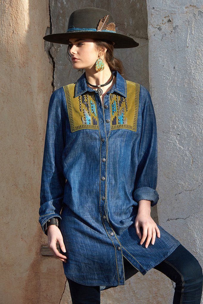 Double D Ranchwear T2281 Denim Rainbow Traveler Top Available At Billy S Western Wear In Boerne And Kerrville Texas Boho Style Outfits Boho Outfits Fashion