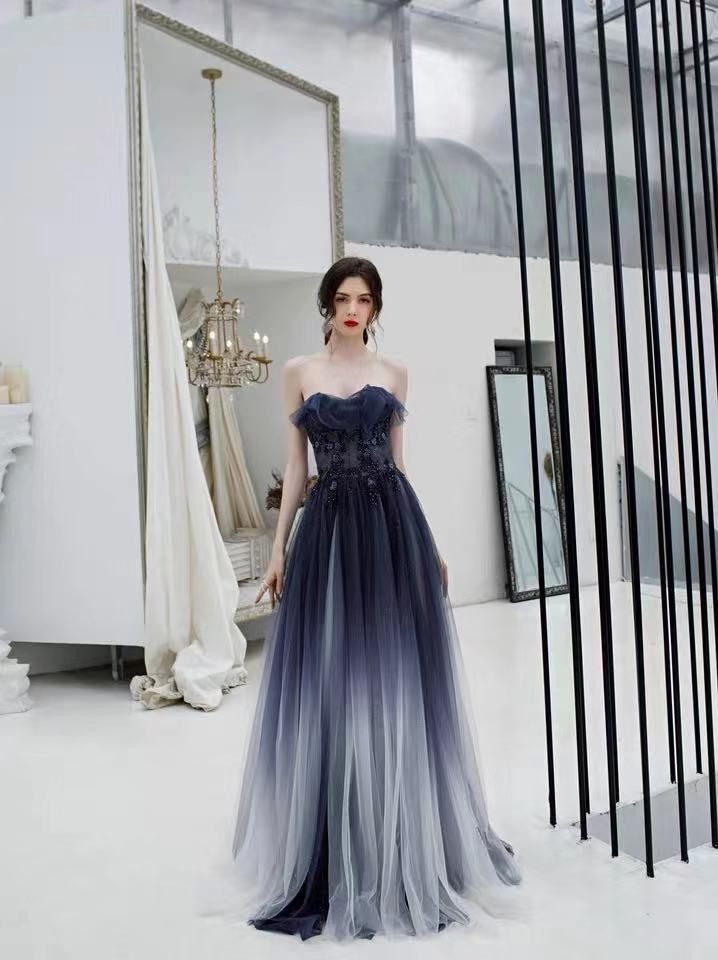navy blue strapless evening gown