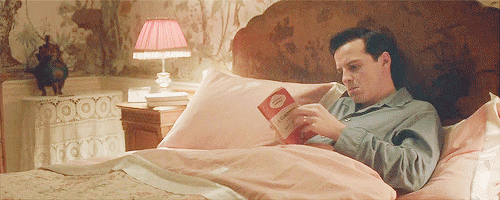 Gif.... Hey Andrew, whatcha reading? Guess your character and I are both librocubicularists?! | Andrew scott, Jim moriarty, Sebastian moran
