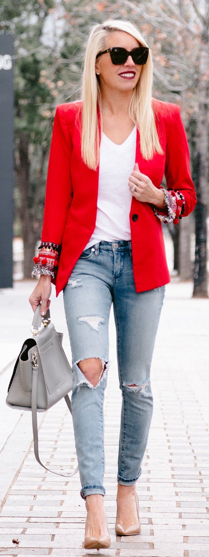 winter #fashion Red Blazer White Tee Destroyed Skinny winter #fashion Red Blazer White Tee Destroyed Skinny