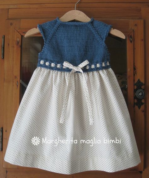 Spring girl dress, denim blue knit spur, American polka dot cotton skirt - bé...