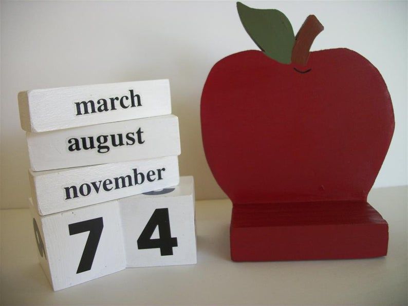 Apple Calendar Perpetual Wood Block Red Apple Decor Teacher Gift Red