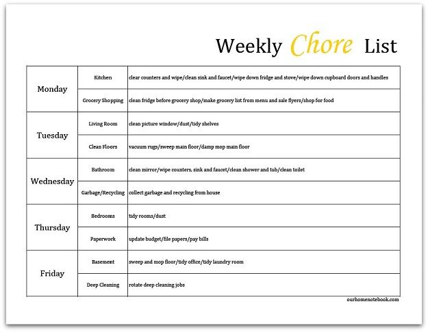 weekly chores list printable