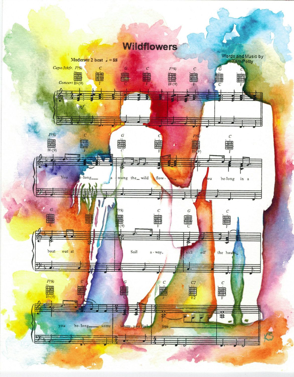 fine art watercolor silhouette custom painting on sheet music 11x14 silhouette sheet music
