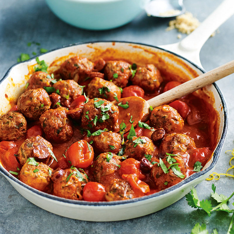 Easy lamb meatballs with tomatoes, olives and chilli