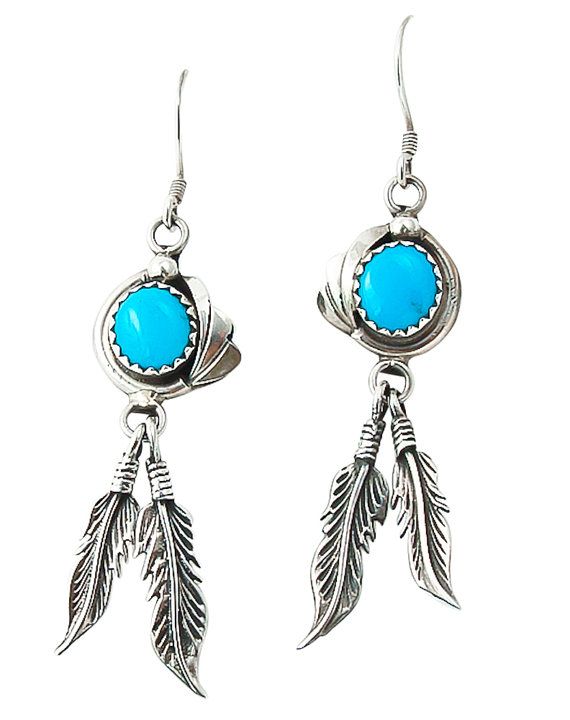 Navajo Turquoise Feather Silver Dangle Earrings Navajo Turquoise Feather Silver Dangle Earrings Jewelry